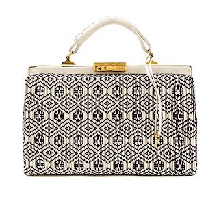 A Roberta Di Camerino Cream and Black Woven Structured Handbag, 14" x 9.5" x 5"; Handle drop: 3".