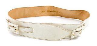 An Yves Saint Laurent White Leather Double Buckle Belt, Size large.