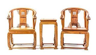 A Chinese Carved Huanghuali and Mixed Woods Table and Chair Set, Chair height 40 x width 27 1/2 x depth 20 3/8 inches.