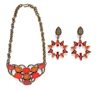 A Jean-Louis Blin Scarlet Necklace and Earclip Set, Necklace: 16" length; Earclip: 3" x 2".