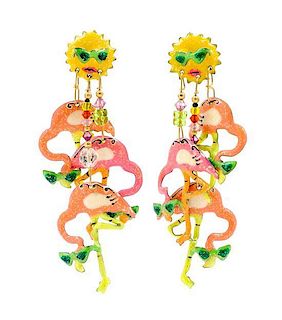 A Pair of Lunch at the Ritz Flamingo Earrings, 4.25" x 2".