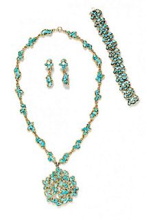 A Swoboda Goldtone and Turquoise Parure, Necklace: 24"; Bracelet: 7.5" x .75"; Earclip: 2" x .75".