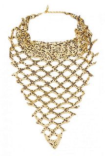 * A Whiting & Davis Goldtone Mesh Bib Necklace and Earclip Set, Necklace: 37" x 15"; Earclips: 2.5" circumference.