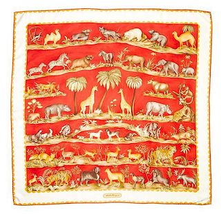 A Ferragamo 90cm Red Silk Animal Print Scarf, 36" x 36".