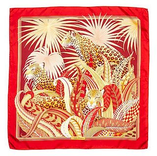 A Ferragamo 90cm Red Silk Leopard Print Scarf, 36" x 36".