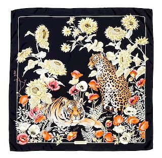 A Ferragamo 90cm Black Silk Leopard and Floral Print Scarf, 36" x 36".
