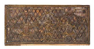 A Renaissance Style Carved and Painted Wood Panel Height 39 1/2 x width 81 inches.