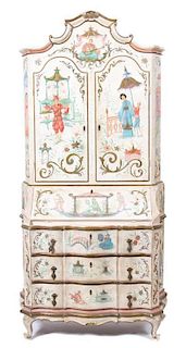 An Italian Rococo Style Painted Bureau Cabinet Height 87 x width 35 1/2 x depth 19 inches.