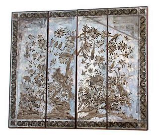 A Venetian Style Four-Panel Reverse Painted Mirrored Folding Screen Height 84 x width of largest panels 28 1/8 inches.
