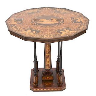 An Italian Neoclassical Marquetry Inlaid and Ebonized Center Table Height 25 1/2 x width 26 x depth 26 inches.