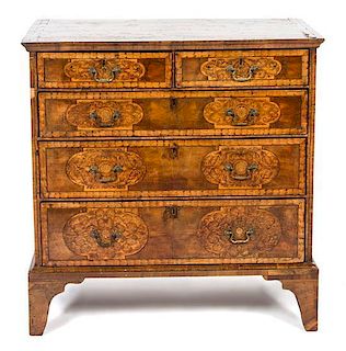 A Continental Marquetry Walnut Chest of Five Drawers Height 38 x width 37 x depth 22 inches.