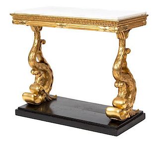 A Swedish Empire Giltwood Console Table with White Marble Top Height 33 x width 37 x depth 18 1/2 inches.
