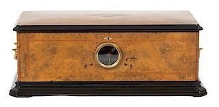 A Swiss Burl Walnut Marquetry and Ebonized Case Cylinder Music Box Height 24 x width 9 x depth 11 1/2 inches.