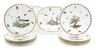 A Group of French Painted Porcelain Ornithological Platters and Dinner Plates Diameter 10 1/2 inches.