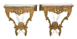 A Pair of Louis XV Style Carved Giltwood Marble Top Wall Consoles