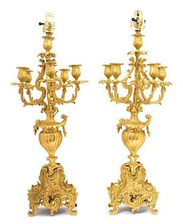 A Pair of Louis XV Style Gilt Bronze Five-Light Candelabra Height 25 inches.