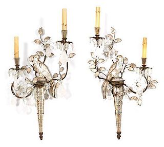 A Pair of French Rock Crystal and Gilt Metal Two Light Parrot-Form Wall Sconces Height 23 1/2 x width 12 1/2 inches.