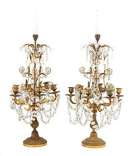 A Pair of French Bronze and Glass Four-Light Candelabra Height 25 1/2 inches.
