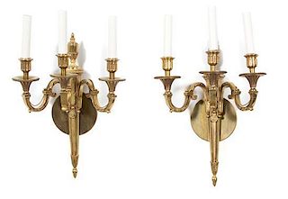 A Pair of French Empire Style Gilt Bronze Three-Light Wall Sconces