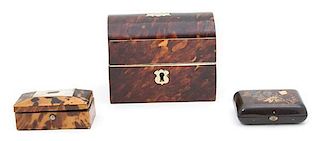 A Group of Three Tortoise Shell Covered Boxes Length of largest 5 inches.