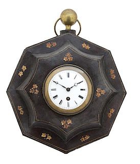 A French Empire Ebonized Tole Wall Clock Height 16 inches x width 12 inches.