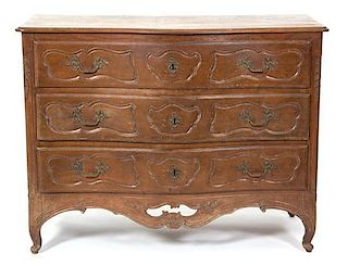 A French Provincial Three-Drawer Commode Height 40 x width 51 1/2 x depth 23 1/2 inches.