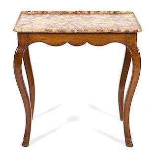 A French Provincial Oak Side Table with a Breche d'Alep Marble Tray Top Height 28 3/4 x width 28 1/2 x depth 18 1/2 inches.