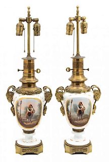 A Pair of Old Paris Porcelain Vases with Ram's Head Mounts Height 29 1/2 inches overall.