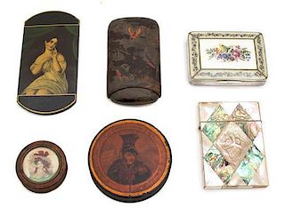 A Collection of Six Miscellaneous Covered Boxes Length of largest 4 1/2 inches.