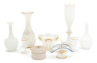 A Collection of White Opaline Gilt Decorated Glass Height of tallest 10 1/2 inches.