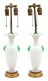 A Pair of White and Green Opaline Glass Vases Height of vase 12 3/4 inches.