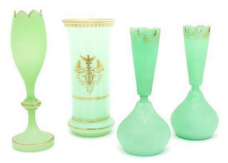 Four Green and Gilt Decorated Vases Height of tallest 13 inches.