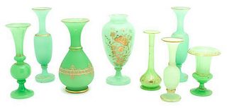 A Collection of Green and Gilt Decorated Opaline Vases Height of tallest 9 1/4 inches.