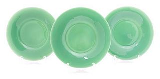 Fifteen Green Opaline Glass Plates Diameter of largest 9 inches.