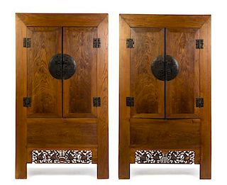 A Pair of Chinese Hardwood Cabinets, Height 85 x width 48 x depth 22 1/2 inches.