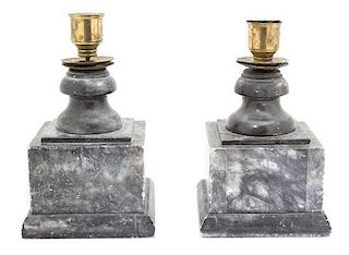A Pair of Stained Black Marble Candlestick Bases Height 20 1/4 inches.