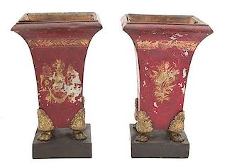 A Pair of Louis XVI Painted and Gilt Tole Jardiniere Height 10 1/4 inches.