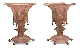 A Pair of Regency Red Painted Pierced Metal and Brass Pagoda-Form Mantle Ornaments Height 12 1/4 x diameter 11 inches.