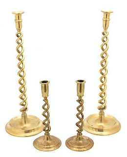 Two Pairs of English Brass Candlesticks Height of tallest 19 1/4 inches.