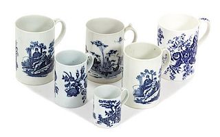 A Group of Six Worcester Blue and White Porcelain Handled Mugs Height of tallest 6 1/8 inches.