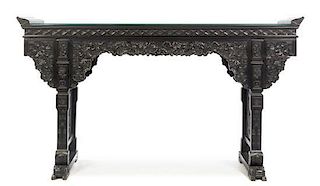 A Chinese Carved Hardwood Altar Table, Height 47 x width 85 x depth 23 inches.