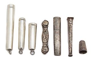A Group of Seven Silver Sewing Articles Length of longest 4 3/4 inches.