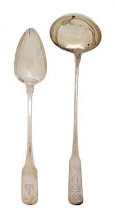 Two Irish Silver Large Serving Pieces, Dublin, 1803 and 1807, comprising a ladle by John Sheils and a spoon by William Ward; 