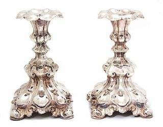 A Pair of Swedish Silverplate Candlesticks Height 6 1/2 inches.