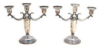 A Pair of American Silver Three-Light Candelabra, Elsil Co., 20th Century, monogrammed D; having weighted bases