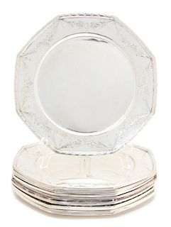 Twelve American Silver Plates, Maker Unknown, of octagonal-form with etched foliate swag borders