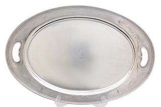 An American Silver Oval Serving Tray, Rogers, Lunt & Bowlen, Greenfield, MA, having a floral etched border and cut-out handle