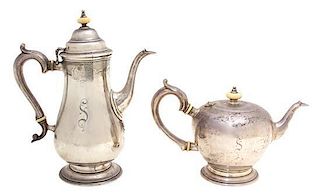 An American Silver Coffee Pot and Teapot, Rogers, Lunt & Bowlen, Greenfield, MA, each having engraved C-scroll and foliate de