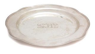 An American Silver Circular Tray, R. Wallace & Son Mfg. Co., Wallingford, CT, having a reeded shaped border, with central eng