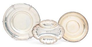 Three American Silver Serving Pieces, Various Makers, comprising an Art Deco style shallow bowl, a shell-form plate and a tra